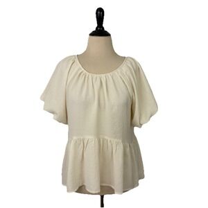BLU PEPPER Cream Oversized TOP New S Puff Sleeve Peplum Cottage Coquette Fairy